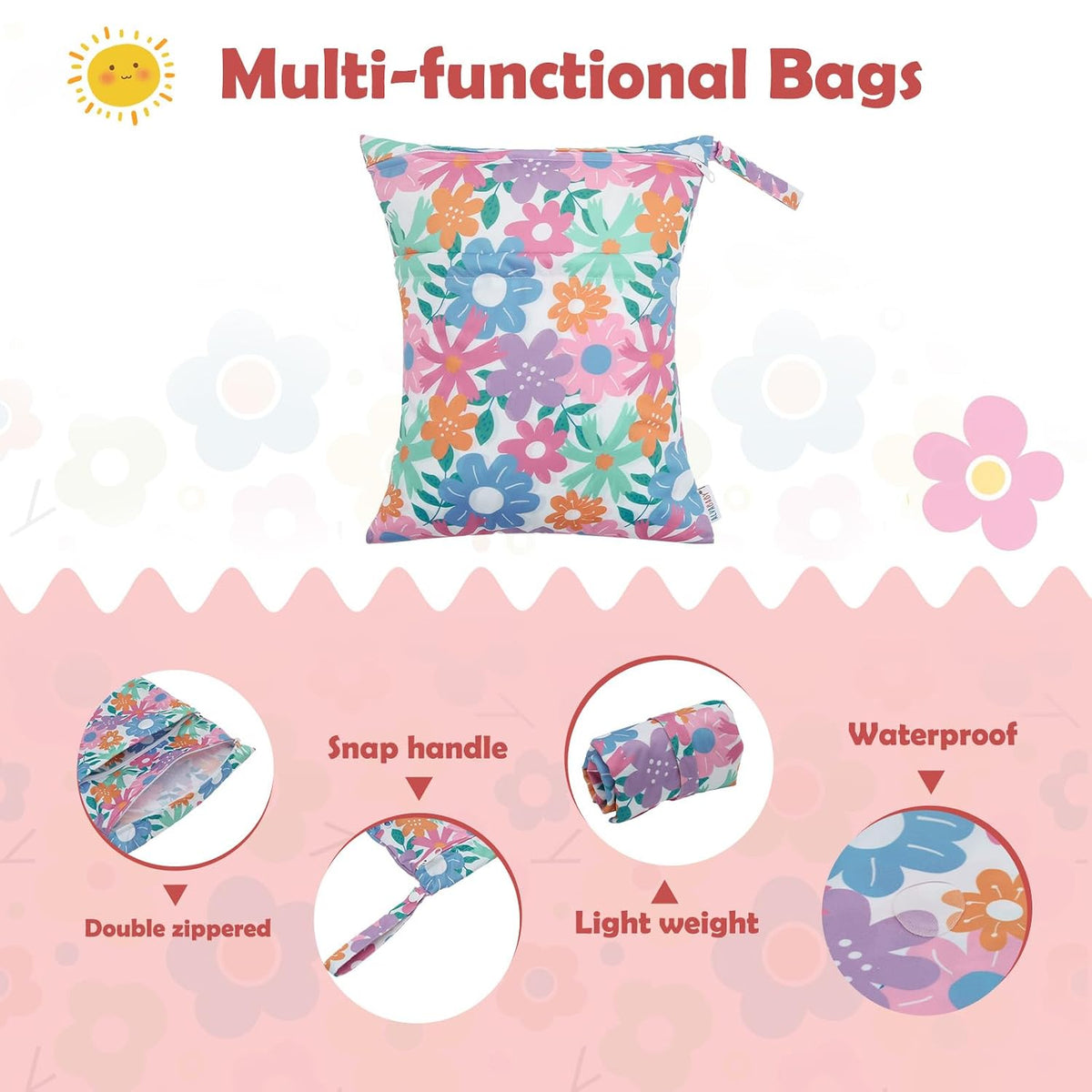 ALVA 2pcs Cloth Diaper Wet Dry Bags Waterproof Reusable with Two Zippered Pockets Travel Beach Pool Daycare Soiled Baby Items Yoga Gym Bag for Swimsuits or Wet Clothes L-B1929