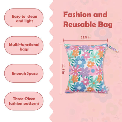 ALVA 2pcs Cloth Diaper Wet Dry Bags Waterproof Reusable with Two Zippered Pockets Travel Beach Pool Daycare Soiled Baby Items Yoga Gym Bag for Swimsuits or Wet Clothes L-B1929