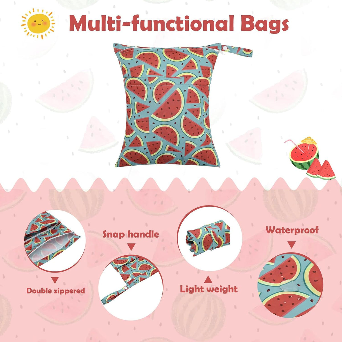 ALVA 2pcs Cloth Diaper Wet Dry Bags Waterproof Reusable with Two Zippered Pockets Travel Beach Pool Daycare Soiled Baby Items Yoga Gym Bag for Swimsuits or Wet Clothes L-B1929