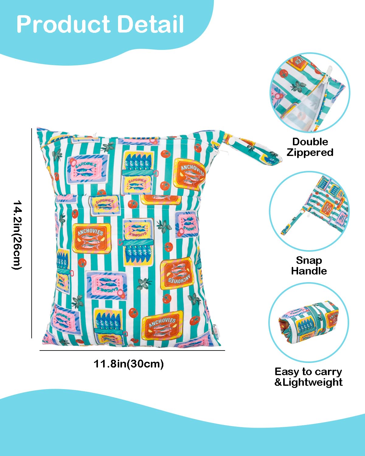 ALVA 2pcs Cloth Diaper Wet Dry Bags Waterproof Reusable with Two Zippered Pockets Travel Beach Pool Daycare Soiled Baby Items Yoga Gym Bag for Swimsuits or Wet Clothes L-B1929