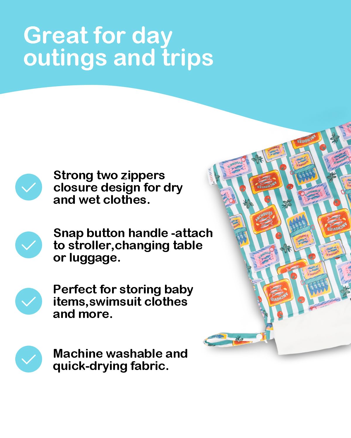 ALVA 2pcs Cloth Diaper Wet Dry Bags Waterproof Reusable with Two Zippered Pockets Travel Beach Pool Daycare Soiled Baby Items Yoga Gym Bag for Swimsuits or Wet Clothes L-B1929