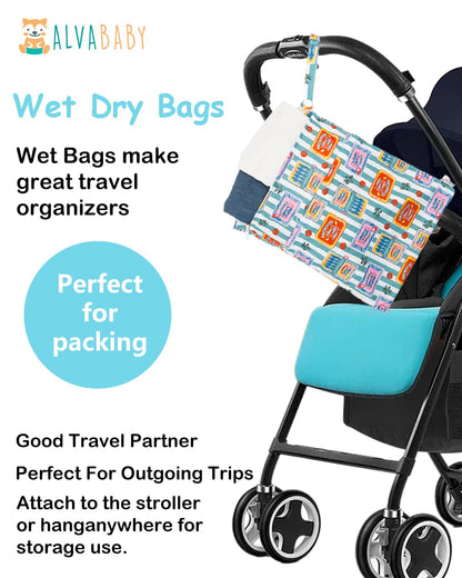 ALVA 2pcs Cloth Diaper Wet Dry Bags Waterproof Reusable with Two Zippered Pockets Travel Beach Pool Daycare Soiled Baby Items Yoga Gym Bag for Swimsuits or Wet Clothes L-B1929