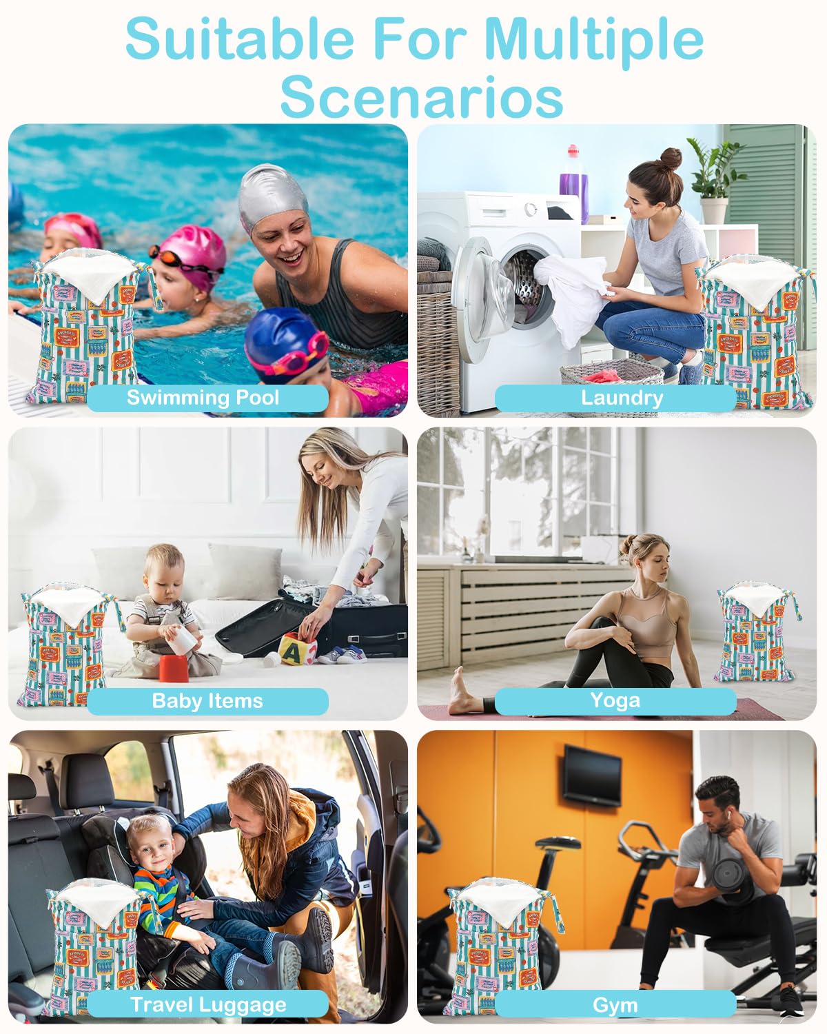 ALVA 2pcs Cloth Diaper Wet Dry Bags Waterproof Reusable with Two Zippered Pockets Travel Beach Pool Daycare Soiled Baby Items Yoga Gym Bag for Swimsuits or Wet Clothes L-B1929