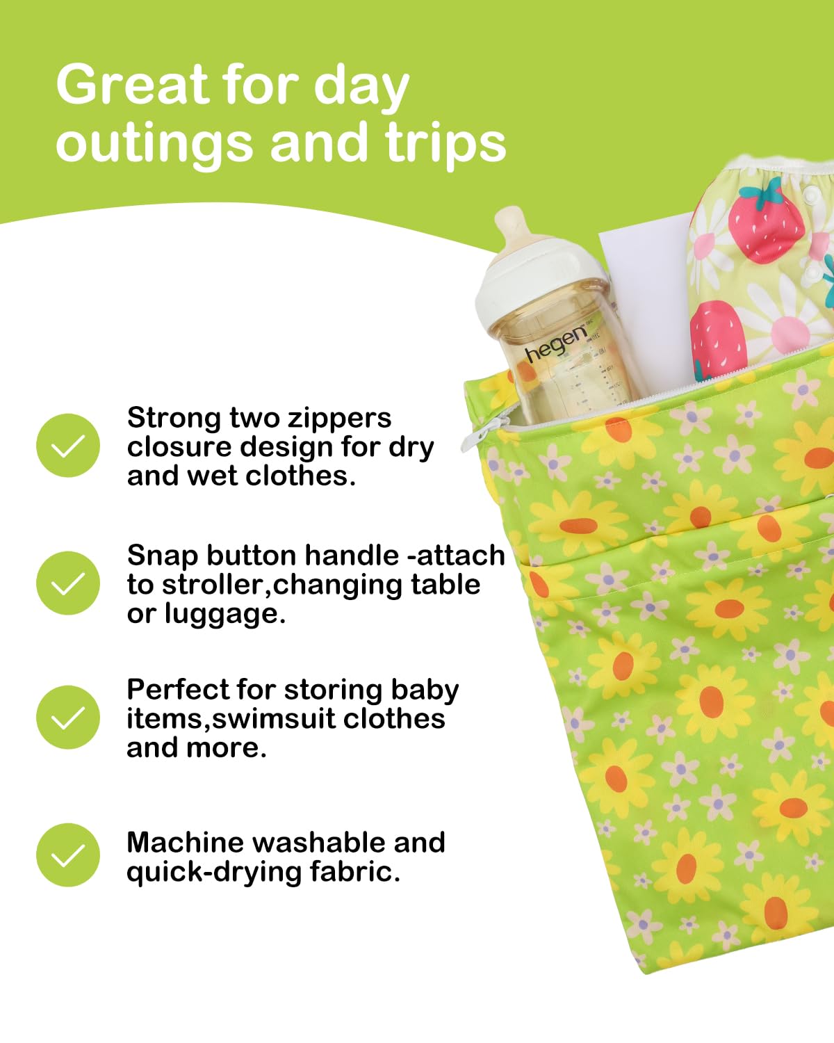 ALVA 2pcs Cloth Diaper Wet Dry Bags Waterproof Reusable with Two Zippered Pockets Travel Beach Pool Daycare Soiled Baby Items Yoga Gym Bag for Swimsuits or Wet Clothes L-B1929