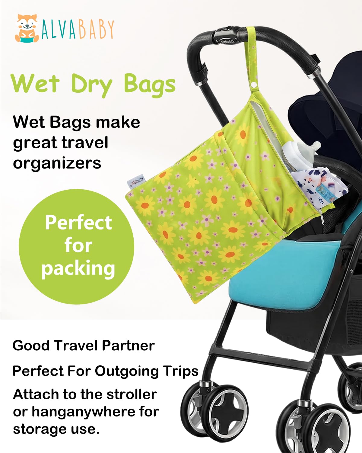 ALVA 2pcs Cloth Diaper Wet Dry Bags Waterproof Reusable with Two Zippered Pockets Travel Beach Pool Daycare Soiled Baby Items Yoga Gym Bag for Swimsuits or Wet Clothes L-B1929
