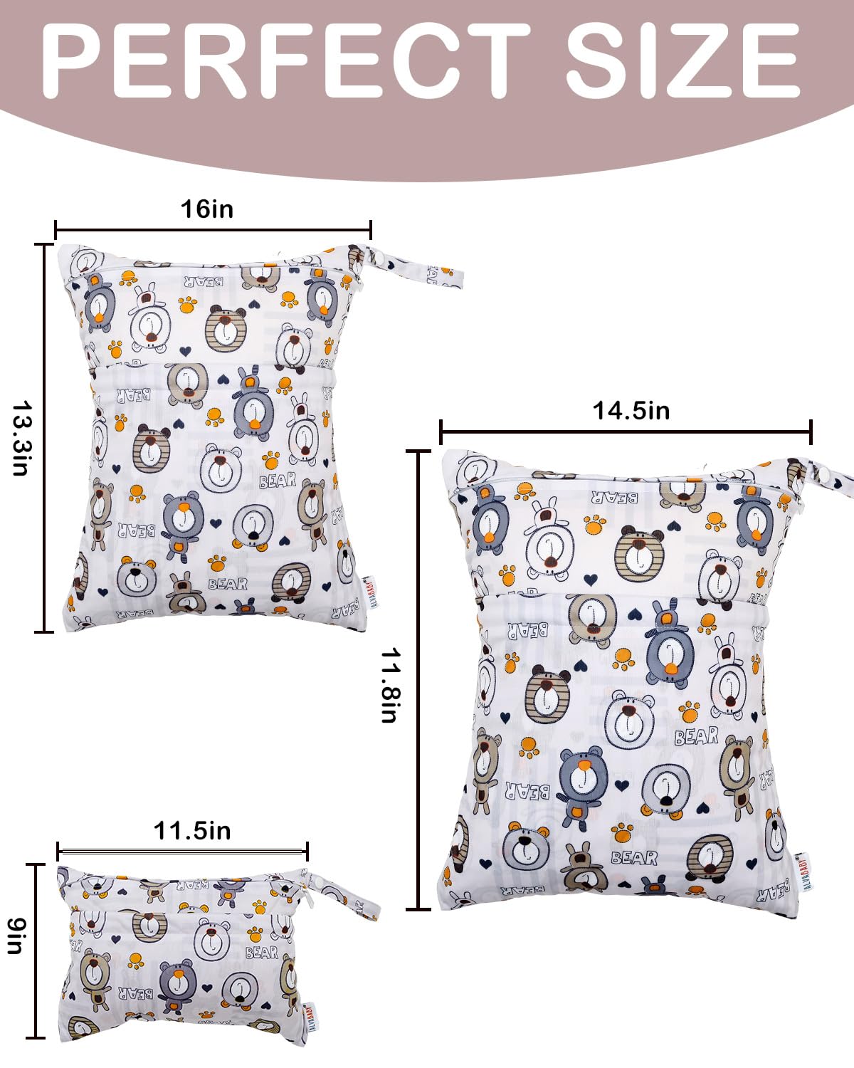 ALVA 2pcs Cloth Diaper Wet Dry Bags Waterproof Reusable with Two Zippered Pockets Travel Beach Pool Daycare Soiled Baby Items Yoga Gym Bag for Swimsuits or Wet Clothes L-B1929
