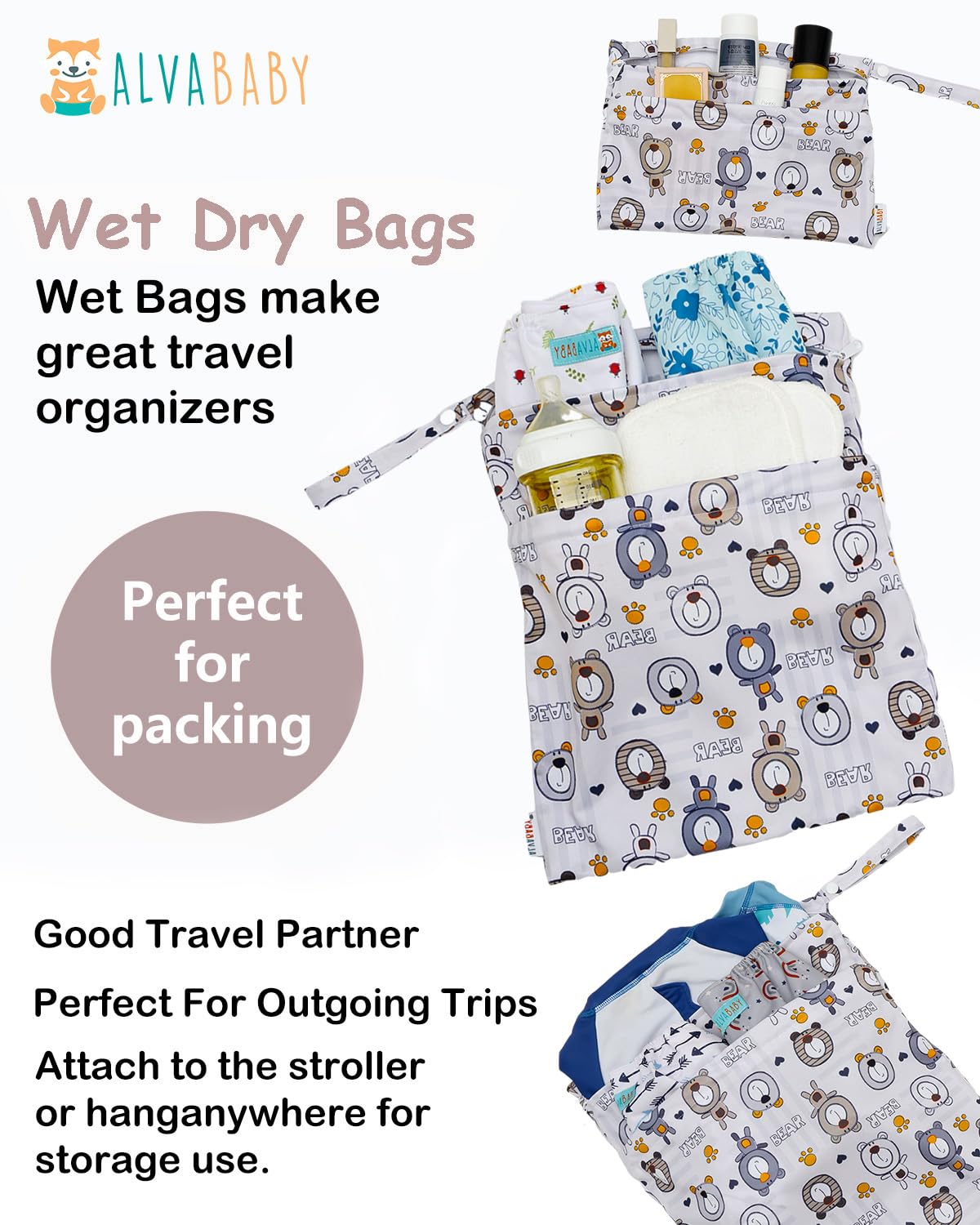 ALVA 2pcs Cloth Diaper Wet Dry Bags Waterproof Reusable with Two Zippered Pockets Travel Beach Pool Daycare Soiled Baby Items Yoga Gym Bag for Swimsuits or Wet Clothes L-B1929