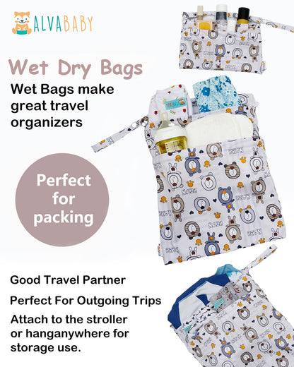 ALVA 2pcs Cloth Diaper Wet Dry Bags Waterproof Reusable with Two Zippered Pockets Travel Beach Pool Daycare Soiled Baby Items Yoga Gym Bag for Swimsuits or Wet Clothes L-B1929