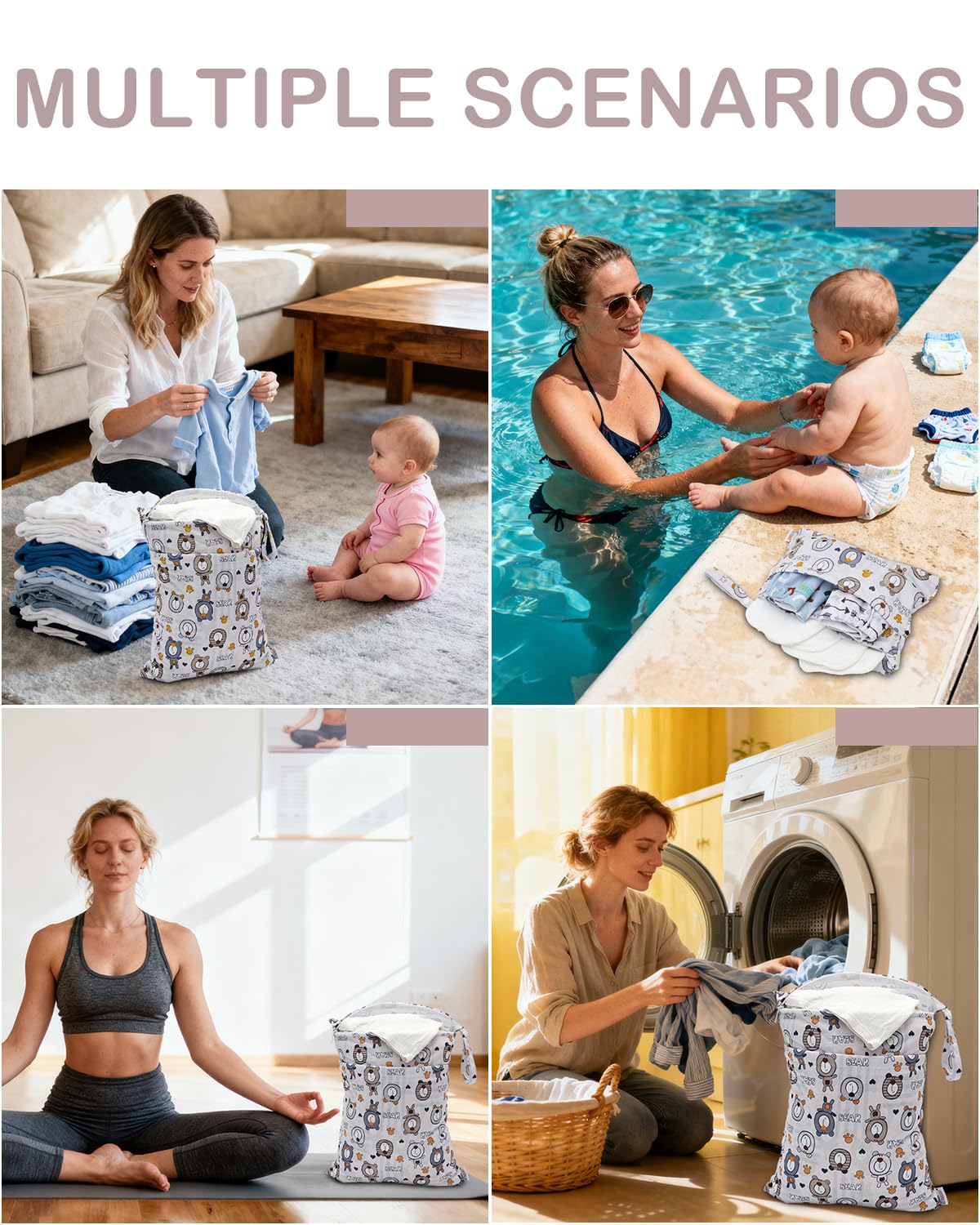 ALVA 2pcs Cloth Diaper Wet Dry Bags Waterproof Reusable with Two Zippered Pockets Travel Beach Pool Daycare Soiled Baby Items Yoga Gym Bag for Swimsuits or Wet Clothes L-B1929