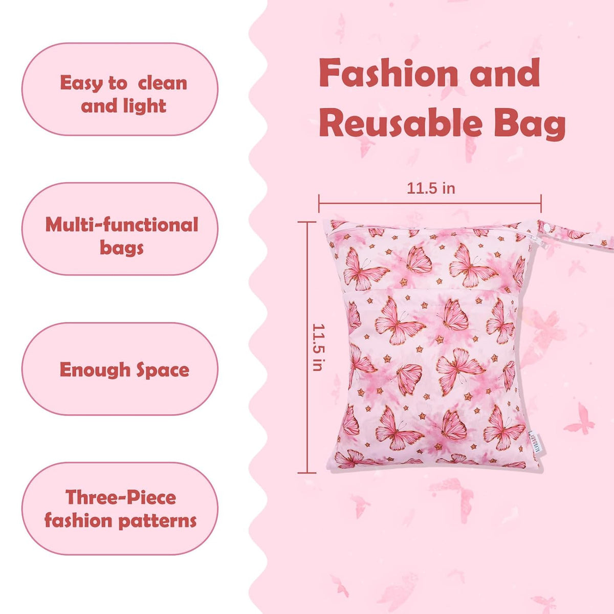 ALVA 2pcs Cloth Diaper Wet Dry Bags Waterproof Reusable with Two Zippered Pockets Travel Beach Pool Daycare Soiled Baby Items Yoga Gym Bag for Swimsuits or Wet Clothes L-B1929