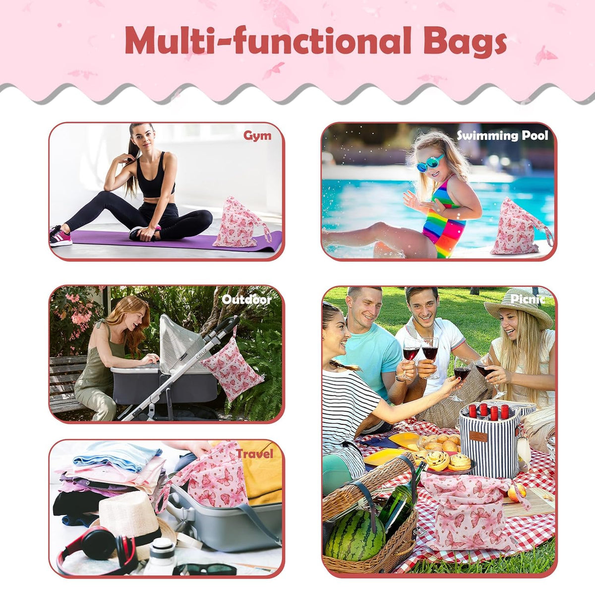ALVA 2pcs Cloth Diaper Wet Dry Bags Waterproof Reusable with Two Zippered Pockets Travel Beach Pool Daycare Soiled Baby Items Yoga Gym Bag for Swimsuits or Wet Clothes L-B1929