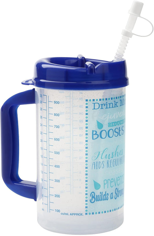 Hospital Cup with Lid and Straw with Measurement Lines for Tracking, Blue | 32 oz Water Mug with Handle, Hospital Water Bottle, Bedside Pitcher Jug, Insulated Mug