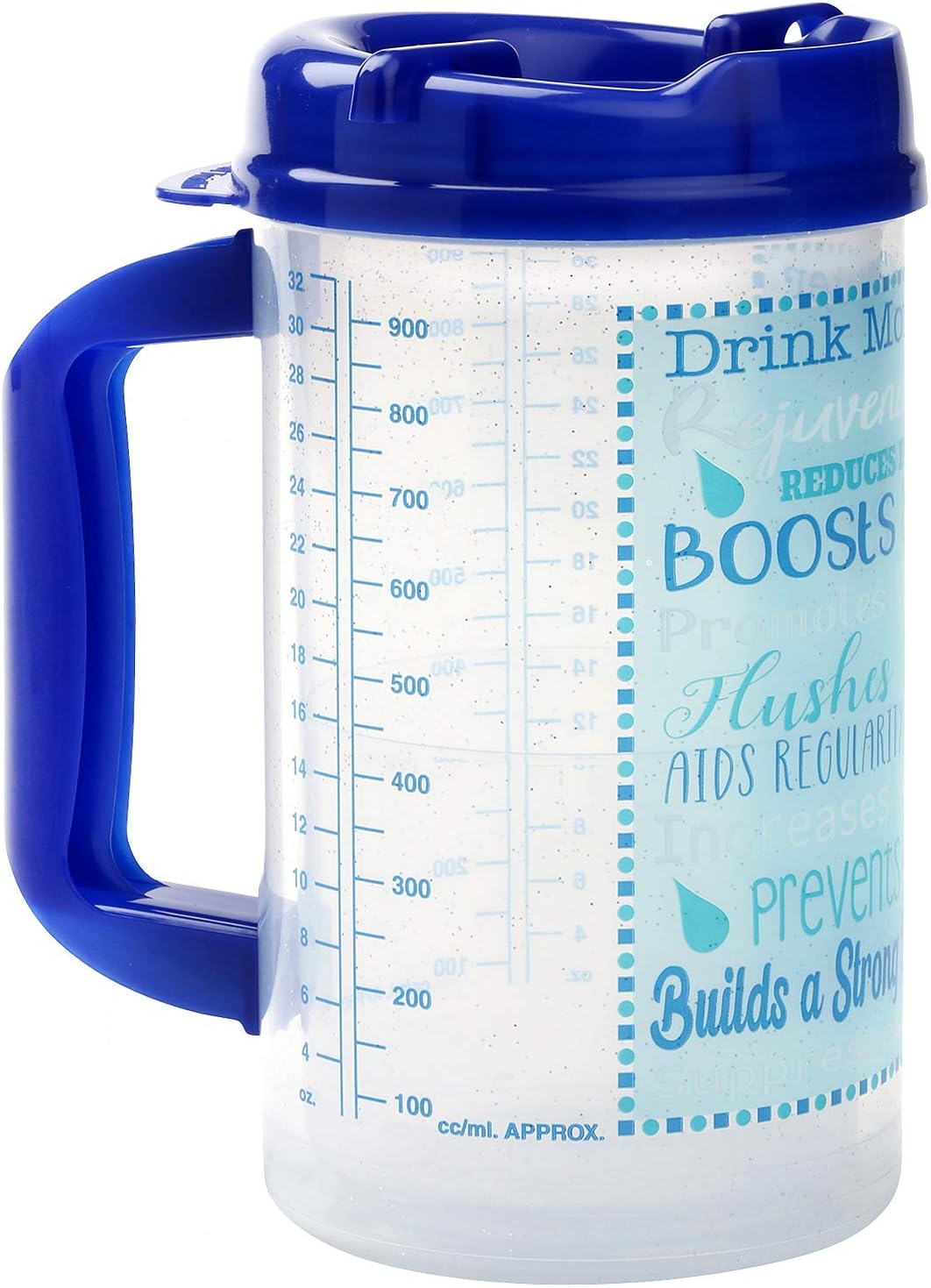 Hospital Cup with Lid and Straw with Measurement Lines for Tracking, Blue | 32 oz Water Mug with Handle, Hospital Water Bottle, Bedside Pitcher Jug, Insulated Mug