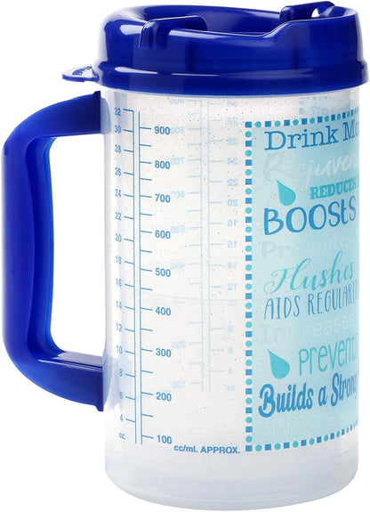 Hospital Cup with Lid and Straw with Measurement Lines for Tracking, Blue | 32 oz Water Mug with Handle, Hospital Water Bottle, Bedside Pitcher Jug, Insulated Mug