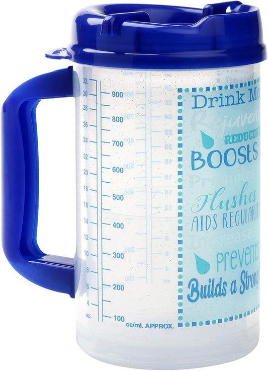 Hospital Cup with Lid and Straw with Measurement Lines for Tracking, Blue | 32 oz Water Mug with Handle, Hospital Water Bottle, Bedside Pitcher Jug, Insulated Mug