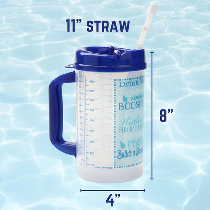 Hospital Cup with Lid and Straw with Measurement Lines for Tracking, Blue | 32 oz Water Mug with Handle, Hospital Water Bottle, Bedside Pitcher Jug, Insulated Mug
