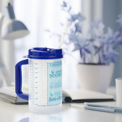 Hospital Cup with Lid and Straw with Measurement Lines for Tracking, Blue | 32 oz Water Mug with Handle, Hospital Water Bottle, Bedside Pitcher Jug, Insulated Mug