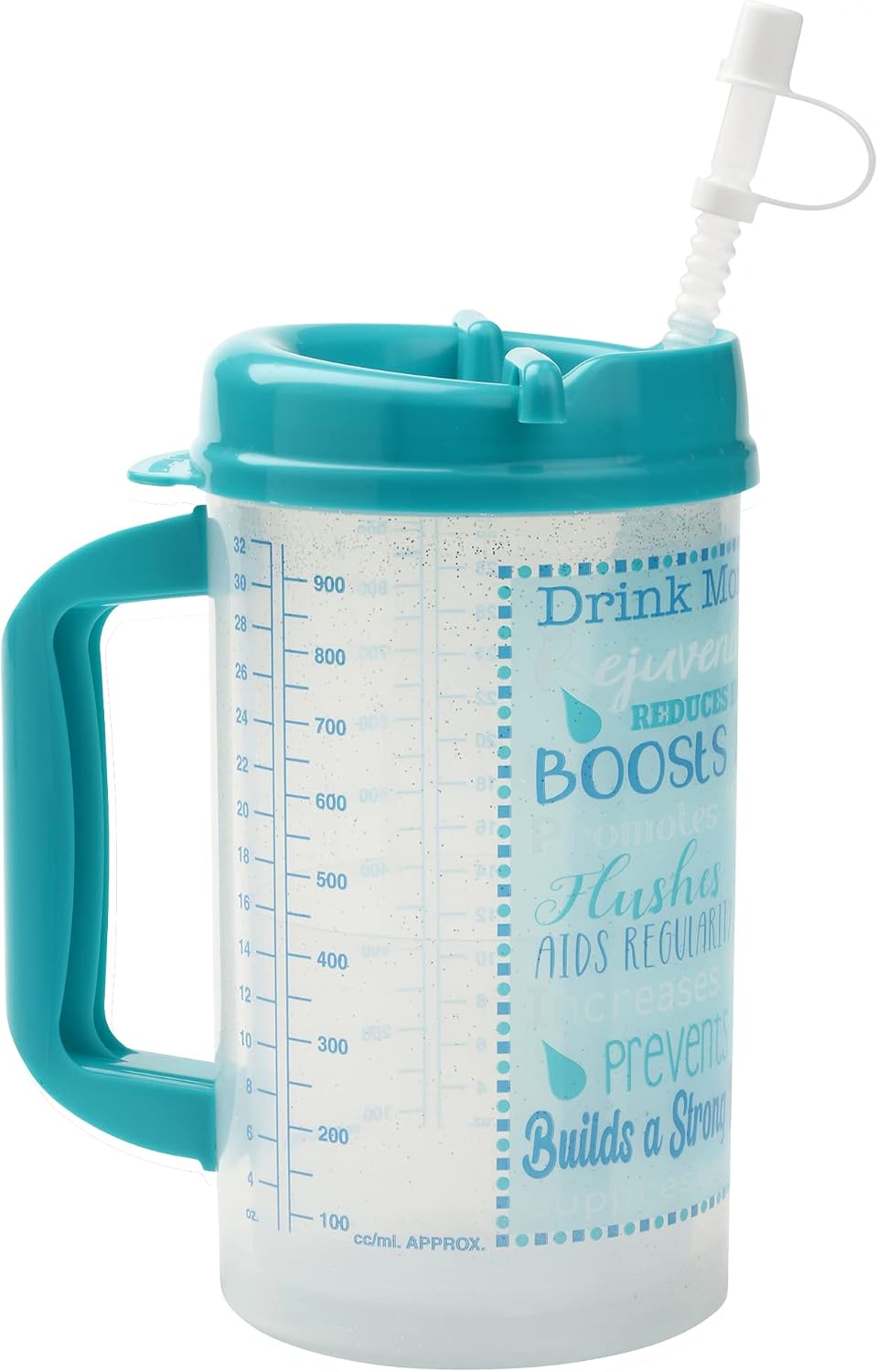Hospital Cup with Lid and Straw with Measurement Lines for Tracking, Blue | 32 oz Water Mug with Handle, Hospital Water Bottle, Bedside Pitcher Jug, Insulated Mug