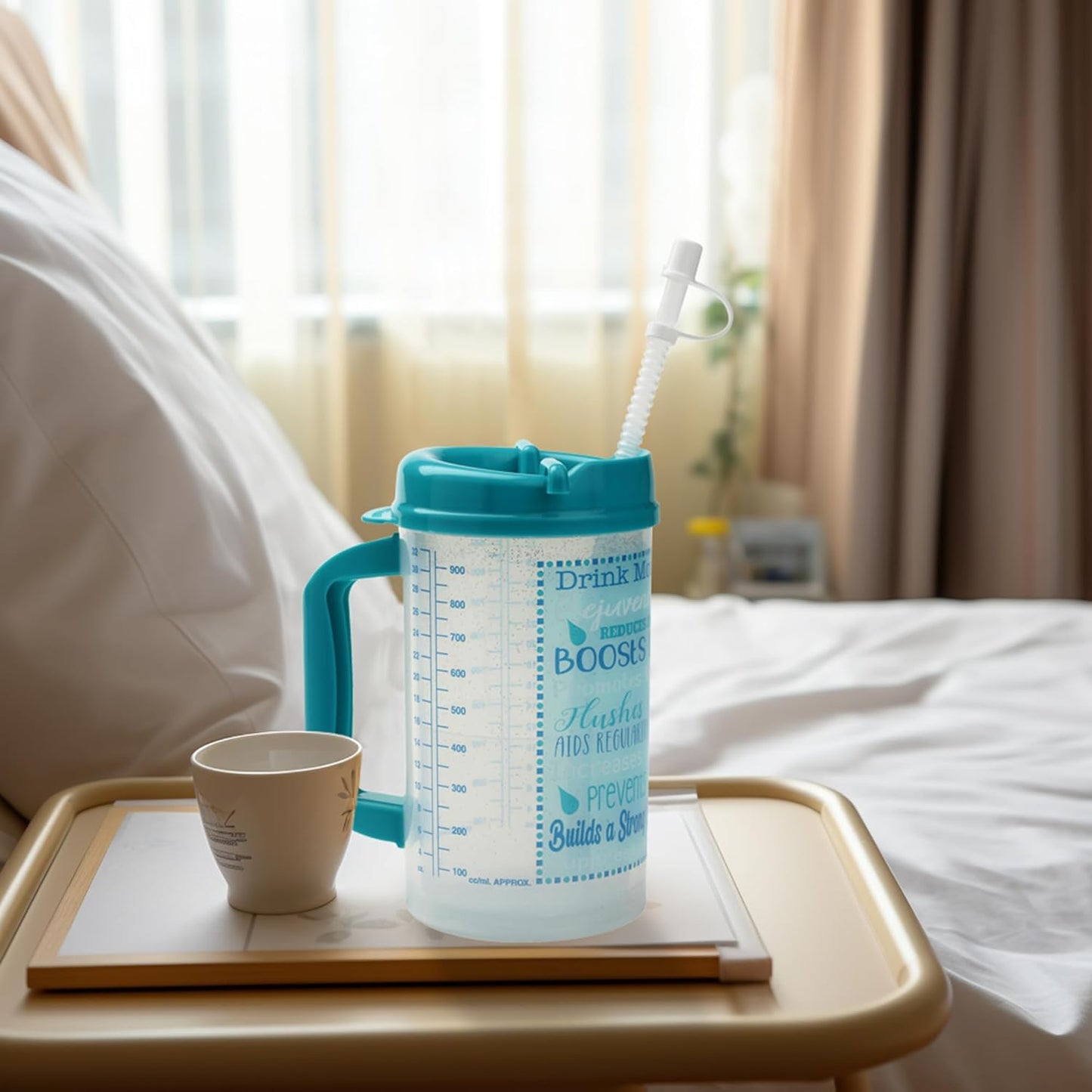 Hospital Cup with Lid and Straw with Measurement Lines for Tracking, Blue | 32 oz Water Mug with Handle, Hospital Water Bottle, Bedside Pitcher Jug, Insulated Mug
