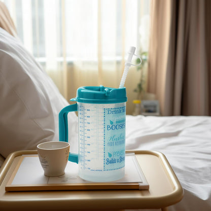 Hospital Cup with Lid and Straw with Measurement Lines for Tracking, Blue | 32 oz Water Mug with Handle, Hospital Water Bottle, Bedside Pitcher Jug, Insulated Mug