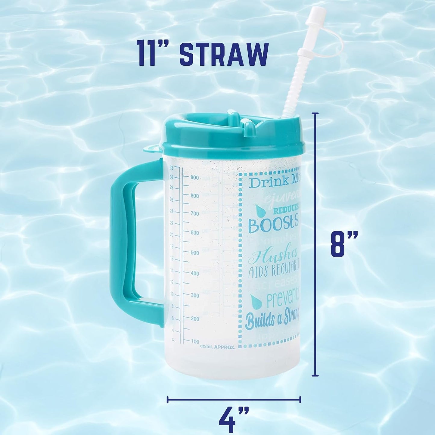 Hospital Cup with Lid and Straw with Measurement Lines for Tracking, Blue | 32 oz Water Mug with Handle, Hospital Water Bottle, Bedside Pitcher Jug, Insulated Mug