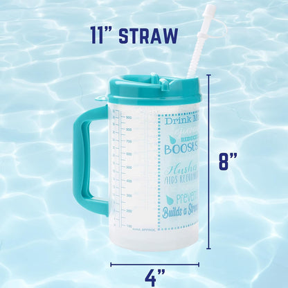 Hospital Cup with Lid and Straw with Measurement Lines for Tracking, Blue | 32 oz Water Mug with Handle, Hospital Water Bottle, Bedside Pitcher Jug, Insulated Mug