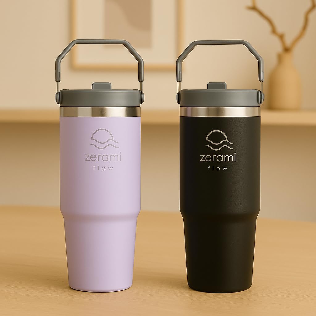 30 oz Tumbler with Handle & Flip Straw Lid – Cupholder-Friendly Insulated Stainless Steel Travel Mug, Leak-Resistant Twist Lid, Double Wall Vacuum, BPA-Free, Fits Car Cup Holder (White)