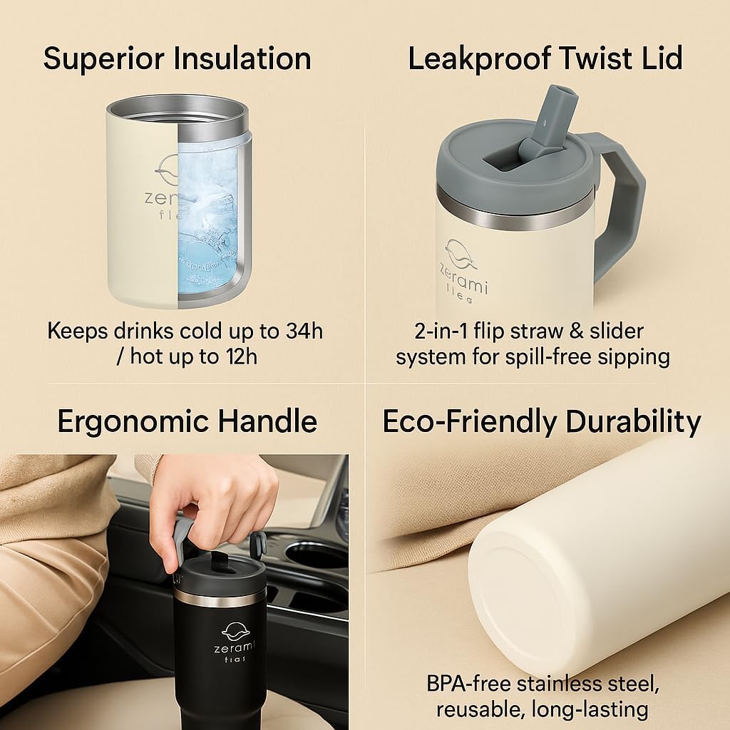 30 oz Tumbler with Handle & Flip Straw Lid – Cupholder-Friendly Insulated Stainless Steel Travel Mug, Leak-Resistant Twist Lid, Double Wall Vacuum, BPA-Free, Fits Car Cup Holder (White)