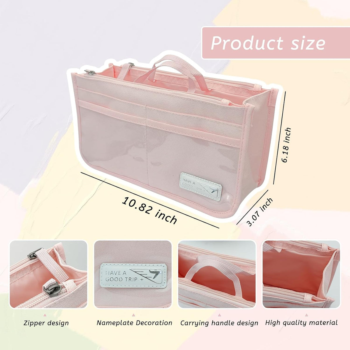 Bag Organizer Insert for Women, 13 Pockets Purse Organizer Insert for Tote, Bag Organizer Handle Large Capacity (Pink)