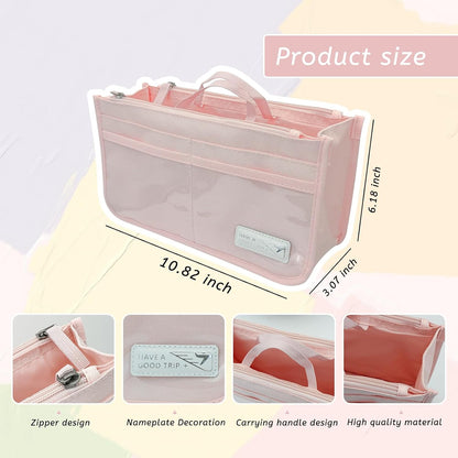 Bag Organizer Insert for Women, 13 Pockets Purse Organizer Insert for Tote, Bag Organizer Handle Large Capacity (Pink)
