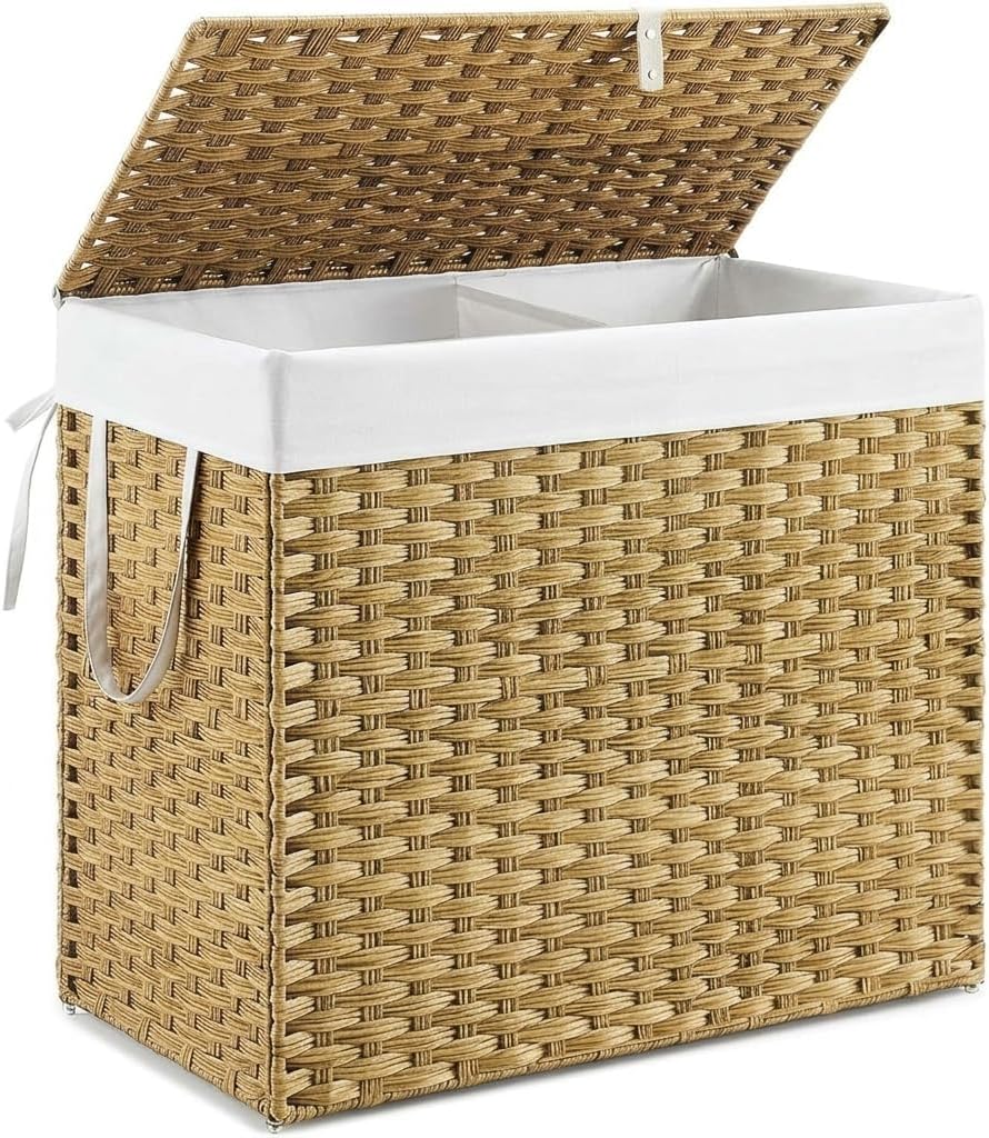 110L Woven Laundry Hamper with Lid and Removable Liner, Large Rattan Clothes Basket with Sturdy Steel Frame for Bedroom, Bathroom, and Dorm
