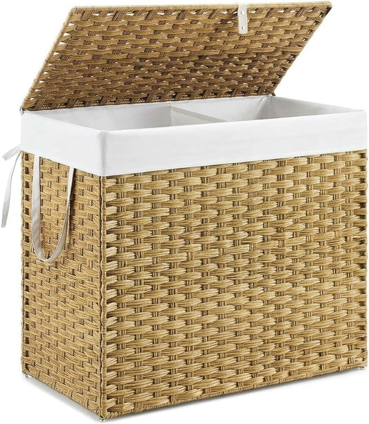 110L Woven Laundry Hamper with Lid and Removable Liner, Large Rattan Clothes Basket with Sturdy Steel Frame for Bedroom, Bathroom, and Dorm