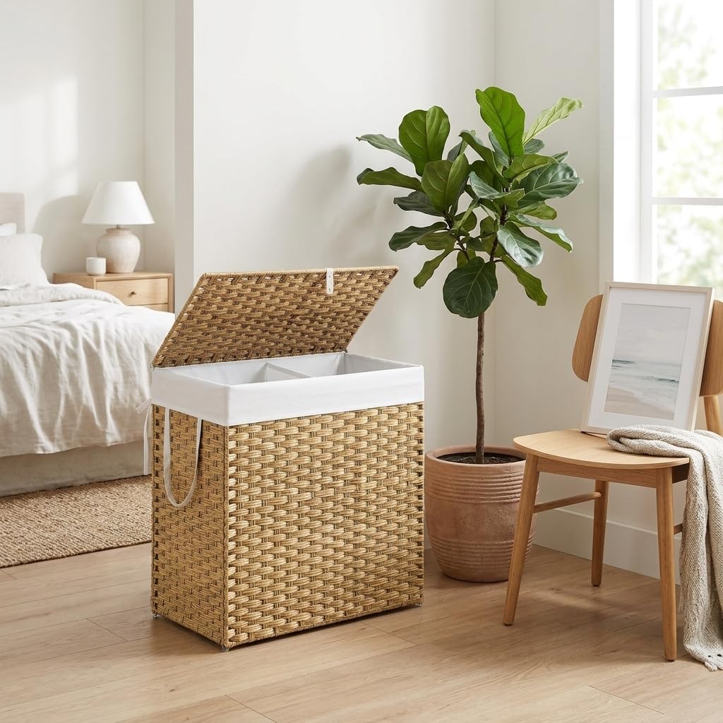 110L Woven Laundry Hamper with Lid and Removable Liner, Large Rattan Clothes Basket with Sturdy Steel Frame for Bedroom, Bathroom, and Dorm