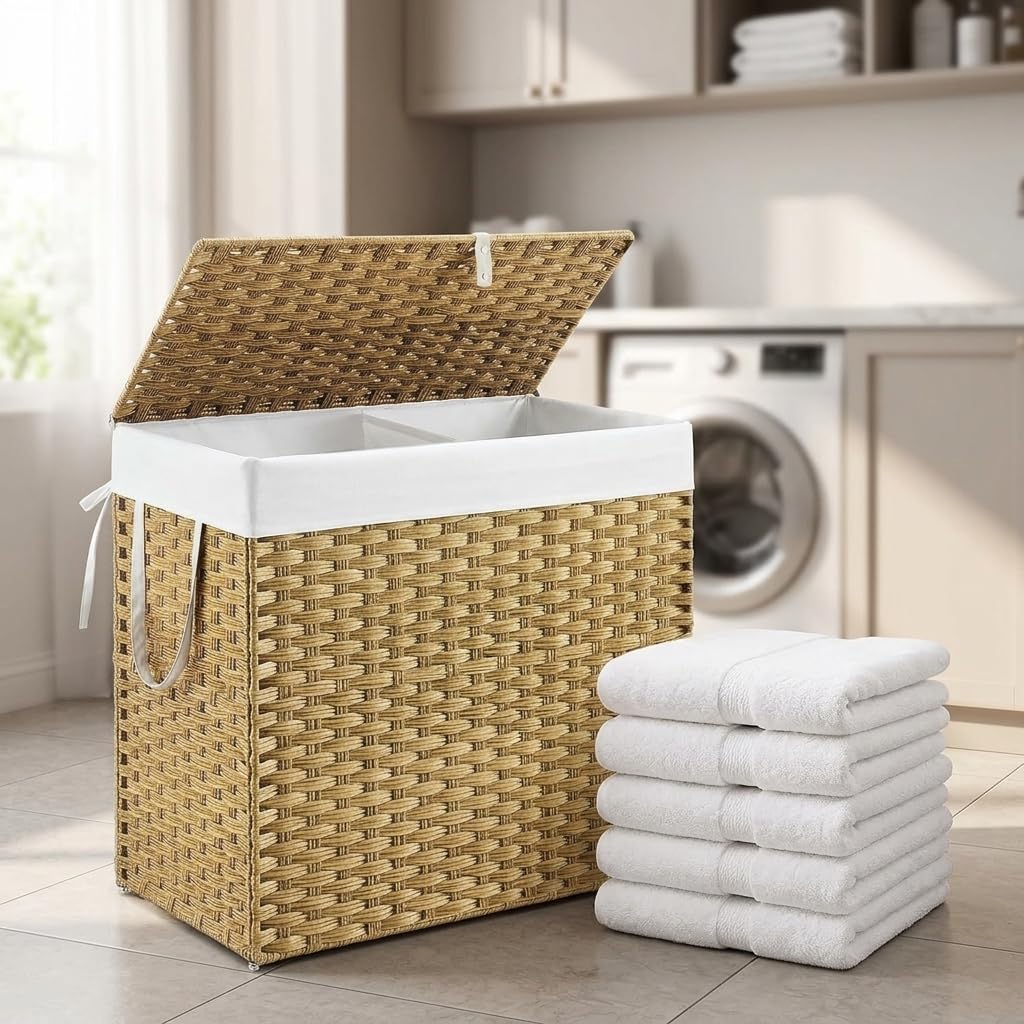 110L Woven Laundry Hamper with Lid and Removable Liner, Large Rattan Clothes Basket with Sturdy Steel Frame for Bedroom, Bathroom, and Dorm