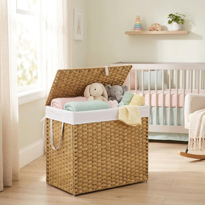110L Woven Laundry Hamper with Lid and Removable Liner, Large Rattan Clothes Basket with Sturdy Steel Frame for Bedroom, Bathroom, and Dorm