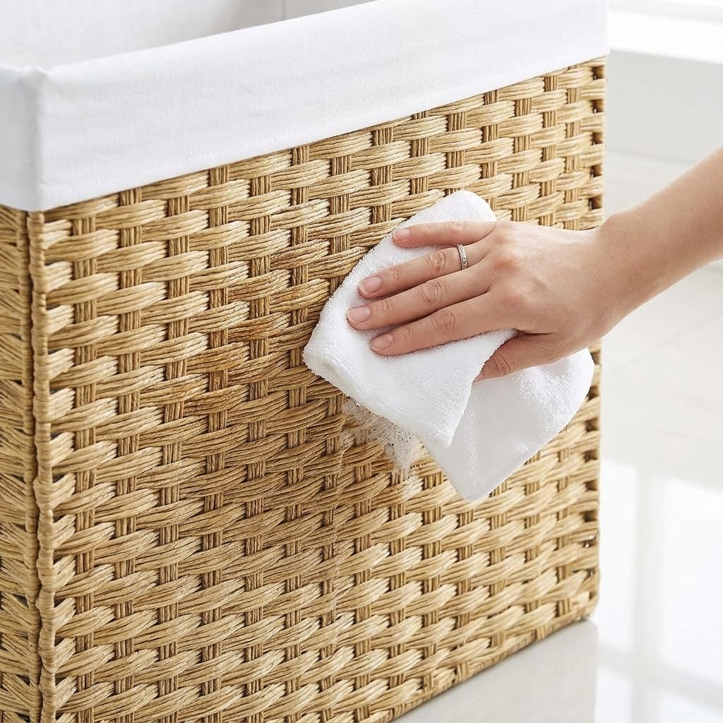 110L Woven Laundry Hamper with Lid and Removable Liner, Large Rattan Clothes Basket with Sturdy Steel Frame for Bedroom, Bathroom, and Dorm