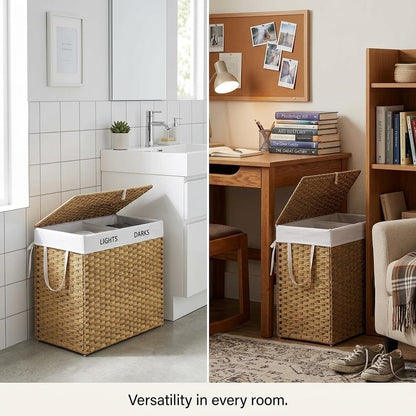 110L Woven Laundry Hamper with Lid and Removable Liner, Large Rattan Clothes Basket with Sturdy Steel Frame for Bedroom, Bathroom, and Dorm