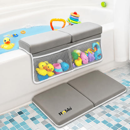 Baby Bath Kneeler and Elbow Rest Pad Set | Extra Thick Memory Foam Support for Comfortable Bath Time | Non-Slip Suction Base | 4 Storage Pockets & Quick-Dry Design for Parents | Gray