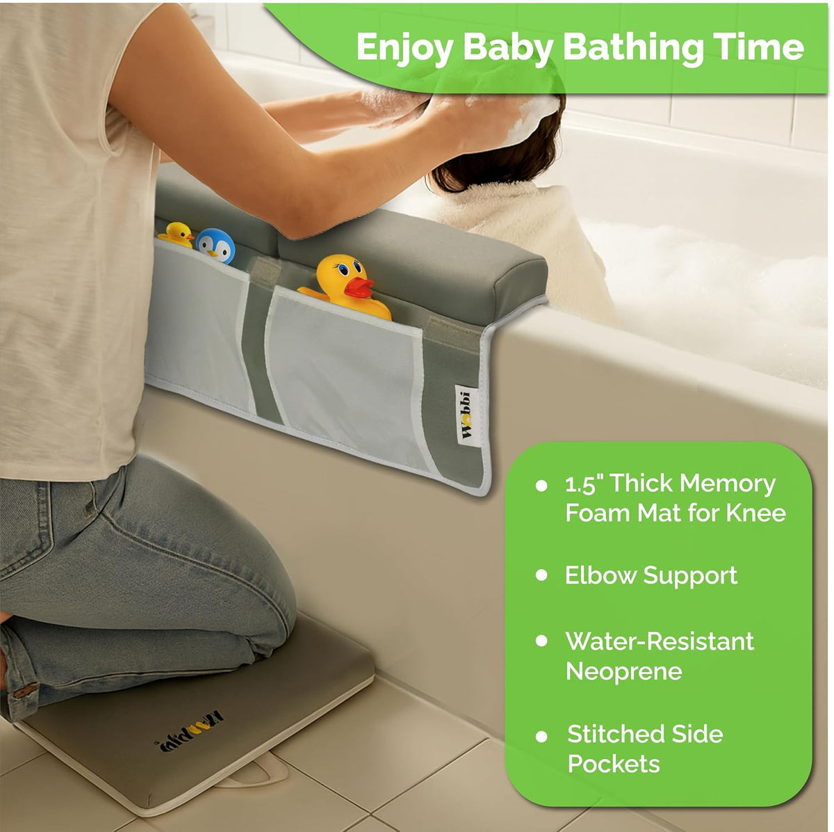 Baby Bath Kneeler and Elbow Rest Pad Set | Extra Thick Memory Foam Support for Comfortable Bath Time | Non-Slip Suction Base | 4 Storage Pockets & Quick-Dry Design for Parents | Gray