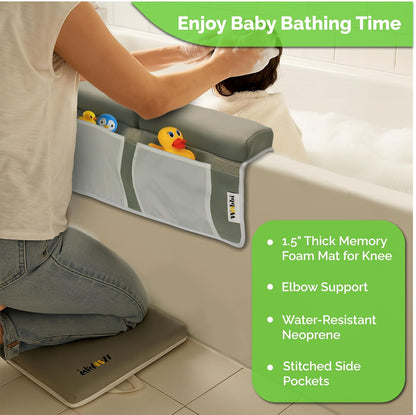 Baby Bath Kneeler and Elbow Rest Pad Set | Extra Thick Memory Foam Support for Comfortable Bath Time | Non-Slip Suction Base | 4 Storage Pockets & Quick-Dry Design for Parents | Gray