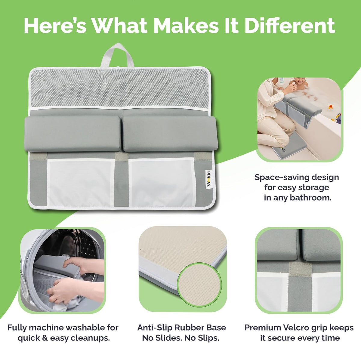 Baby Bath Kneeler and Elbow Rest Pad Set | Extra Thick Memory Foam Support for Comfortable Bath Time | Non-Slip Suction Base | 4 Storage Pockets & Quick-Dry Design for Parents | Gray