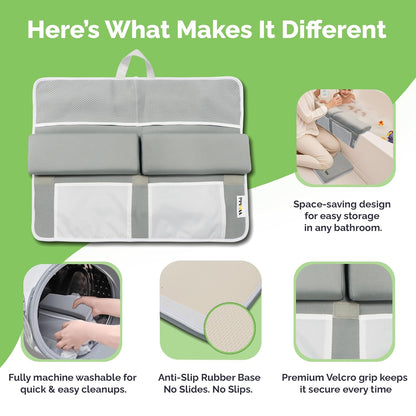 Baby Bath Kneeler and Elbow Rest Pad Set | Extra Thick Memory Foam Support for Comfortable Bath Time | Non-Slip Suction Base | 4 Storage Pockets & Quick-Dry Design for Parents | Gray