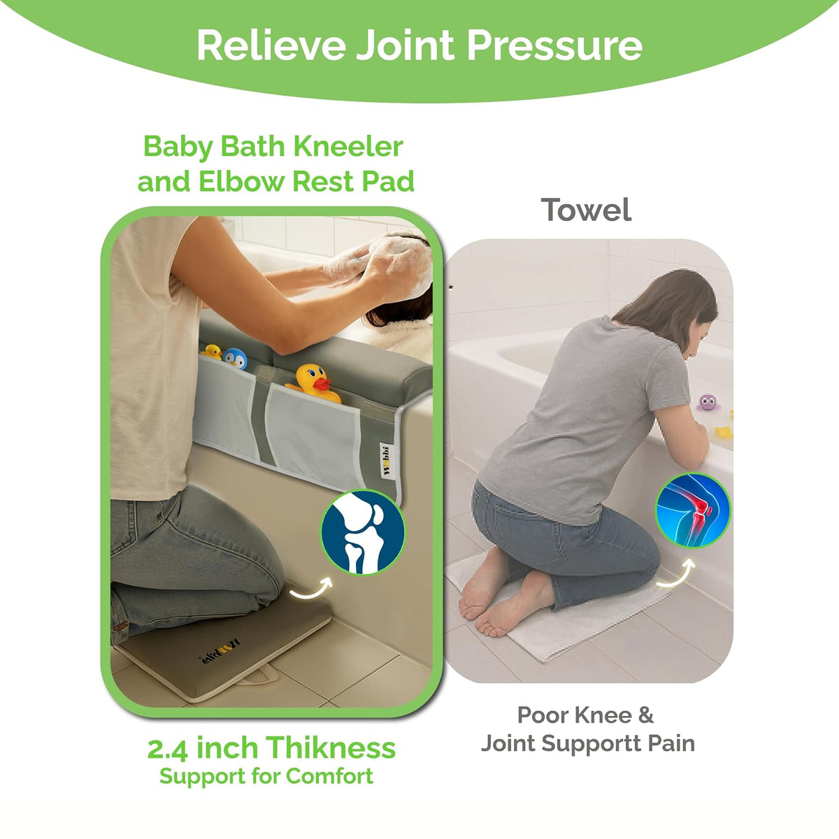 Baby Bath Kneeler and Elbow Rest Pad Set | Extra Thick Memory Foam Support for Comfortable Bath Time | Non-Slip Suction Base | 4 Storage Pockets & Quick-Dry Design for Parents | Gray