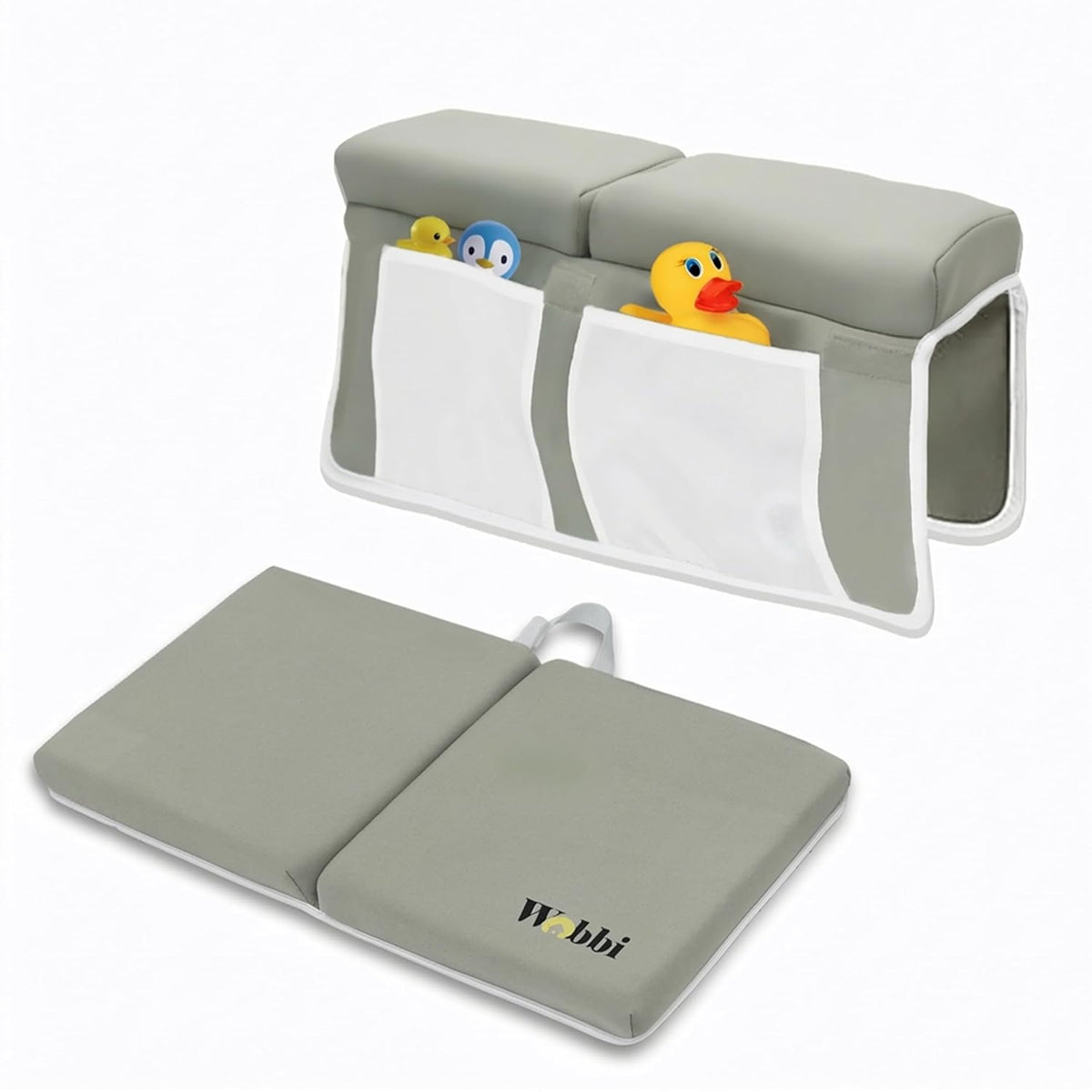 Baby Bath Kneeler and Elbow Rest Pad Set | Extra Thick Memory Foam Support for Comfortable Bath Time | Non-Slip Suction Base | 4 Storage Pockets & Quick-Dry Design for Parents | Gray
