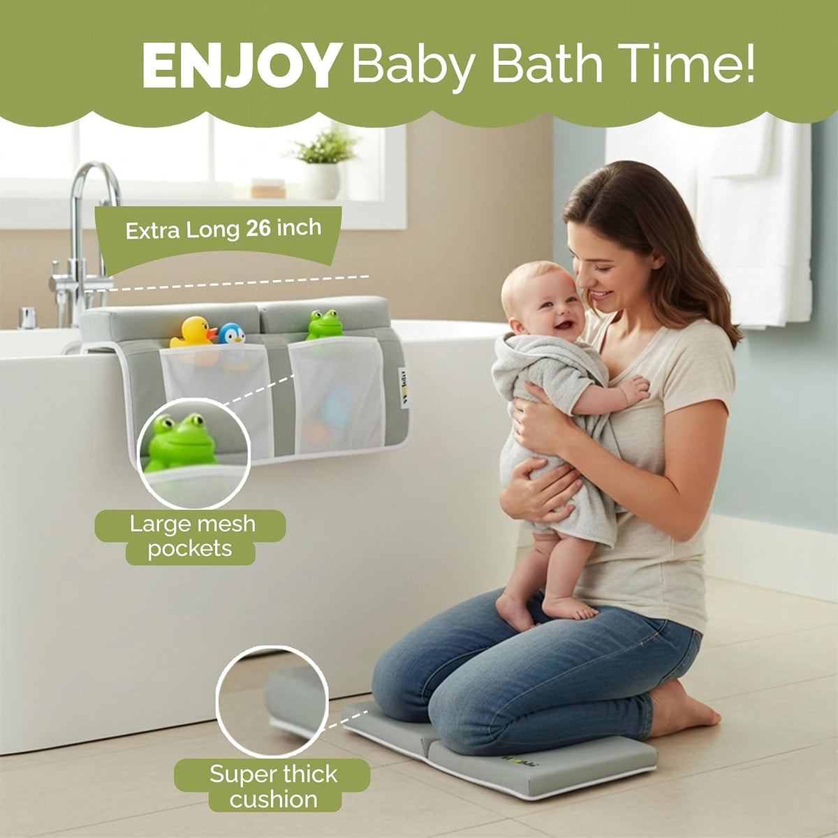 Baby Bath Kneeler and Elbow Rest Pad Set | Extra Thick Memory Foam Support for Comfortable Bath Time | Non-Slip Suction Base | 4 Storage Pockets & Quick-Dry Design for Parents | Gray