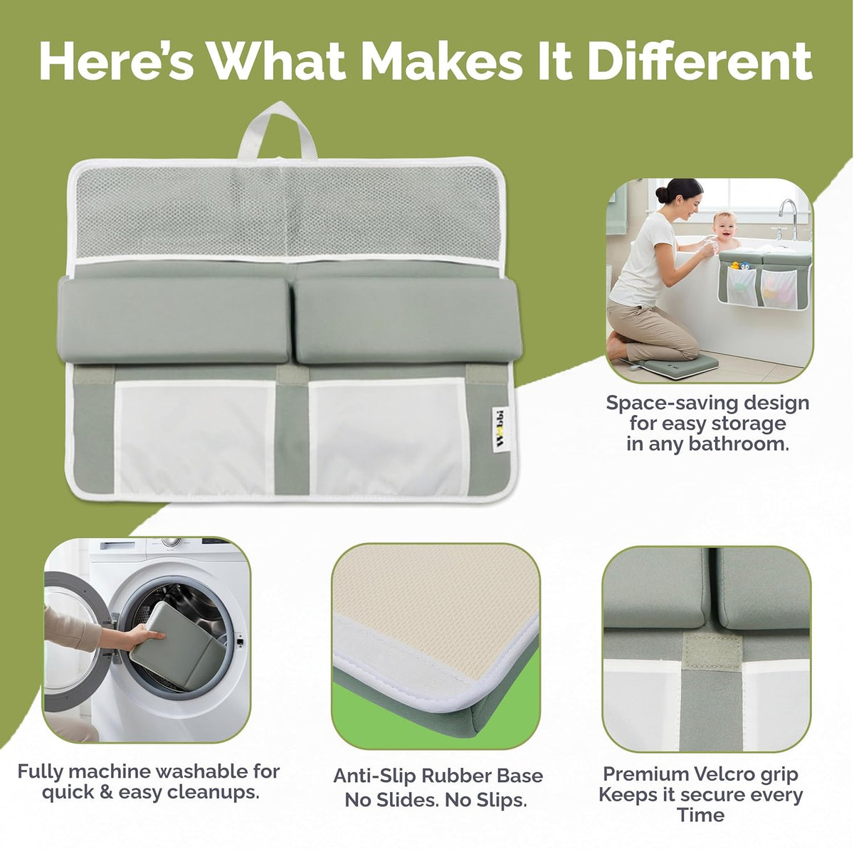 Baby Bath Kneeler and Elbow Rest Pad Set | Extra Thick Memory Foam Support for Comfortable Bath Time | Non-Slip Suction Base | 4 Storage Pockets & Quick-Dry Design for Parents | Gray