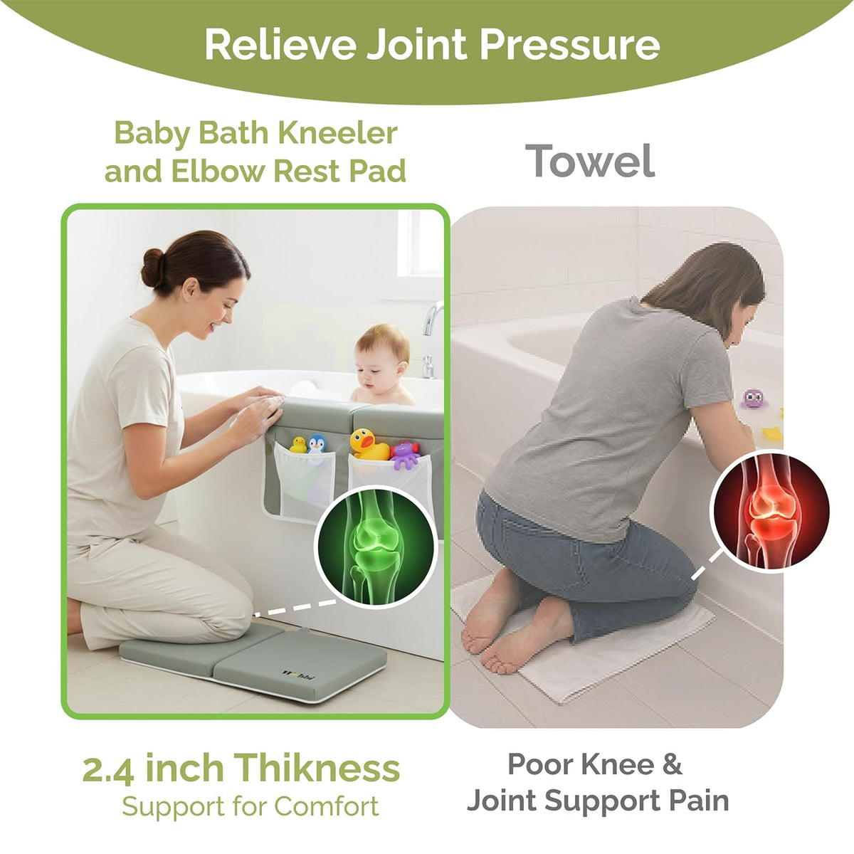 Baby Bath Kneeler and Elbow Rest Pad Set | Extra Thick Memory Foam Support for Comfortable Bath Time | Non-Slip Suction Base | 4 Storage Pockets & Quick-Dry Design for Parents | Gray