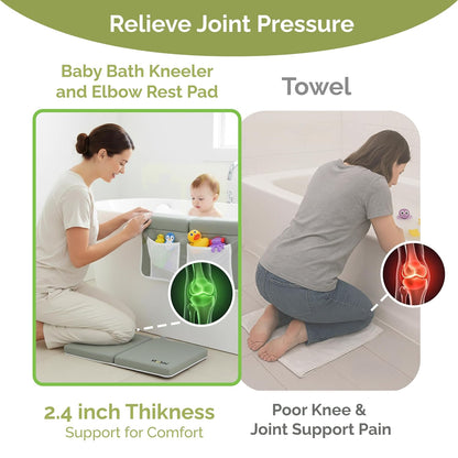 Baby Bath Kneeler and Elbow Rest Pad Set | Extra Thick Memory Foam Support for Comfortable Bath Time | Non-Slip Suction Base | 4 Storage Pockets & Quick-Dry Design for Parents | Gray
