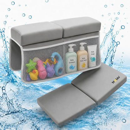 Baby Bath Kneeler and Elbow Rest Pad Set | Extra Thick Memory Foam Support for Comfortable Bath Time | Non-Slip Suction Base | 4 Storage Pockets & Quick-Dry Design for Parents | Gray