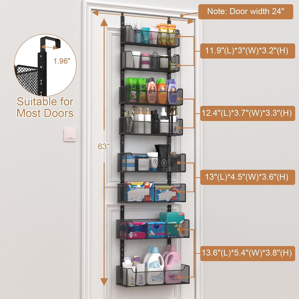 Over The Door Organizer, Metal Door Organizer Hanging with 5 Adjustable Baskets and Coat Hook, Behind The Door Storage for Bedroom Closet Bathroom Pantry Cabinet Kitchen, Black